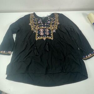 Lucky Brand Live in Love Women M Boho Hippie Tassel Black Blouse Top Embroidered